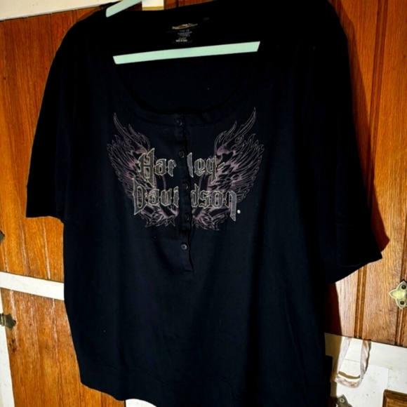 Harley-Davidson Black Woman's Plus Size Graphic/Stitched Henley Sz 18 - Picture 1 of 8